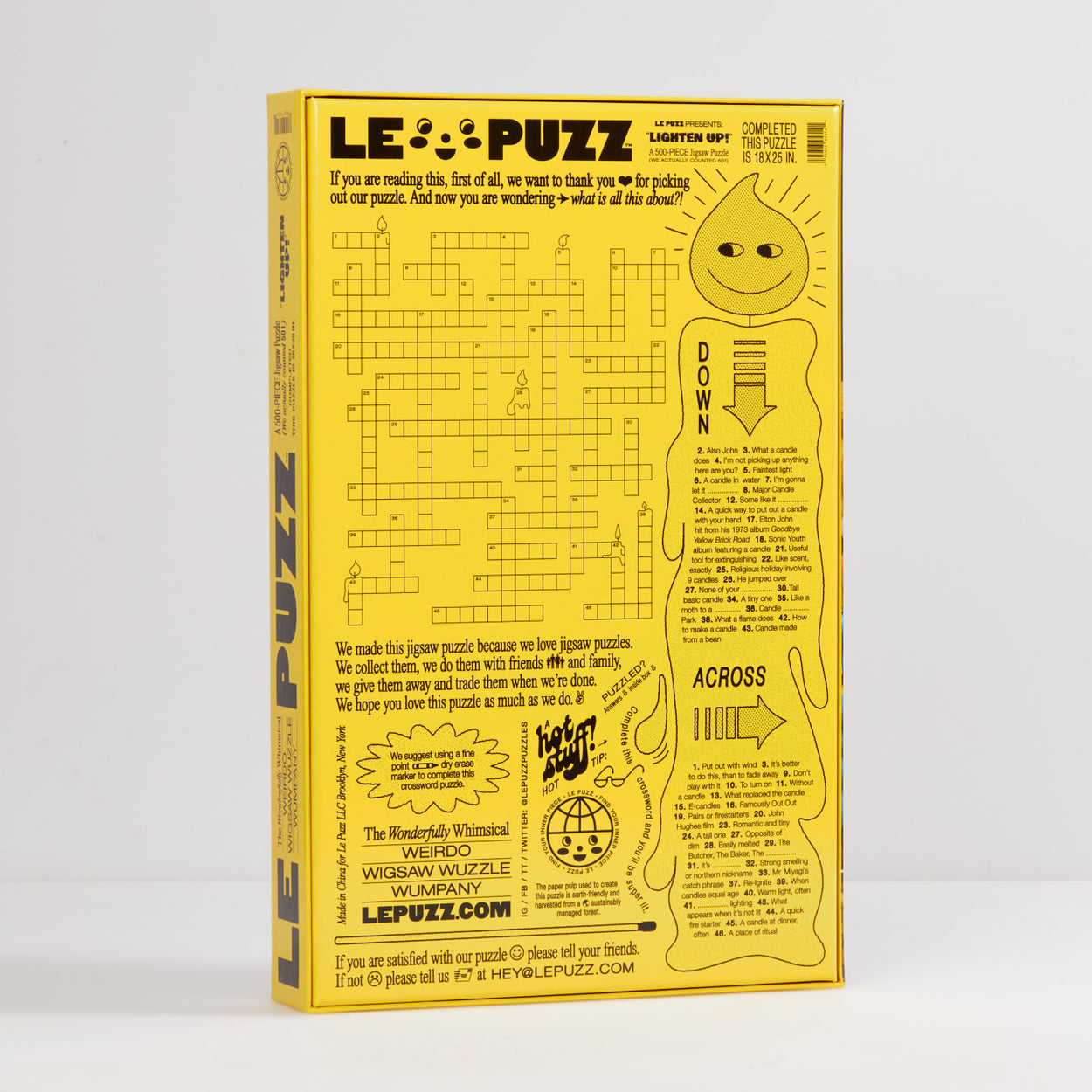 Lighten Up! Puzzle | Le Puzz | 500 Pieces: various bright color retro kitsch candles puzzle. Lighten Up is a special collection of rare and vintage novelty character candles. Featuring a very tall carrot, a long piece of cheese and a replica of one of the world's oldest sculptures.